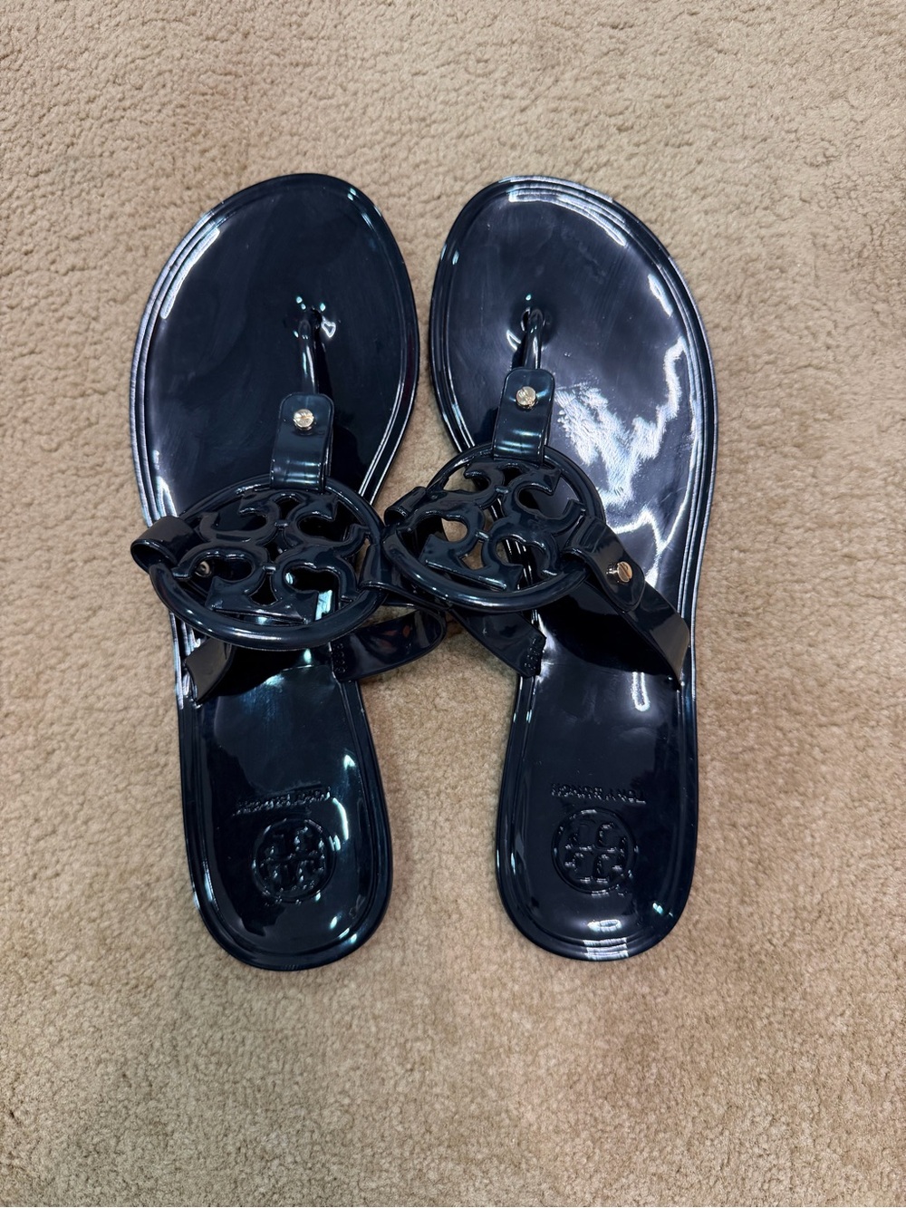 Tory Burch Glossy Black Logo Jelly Thong Sandals
